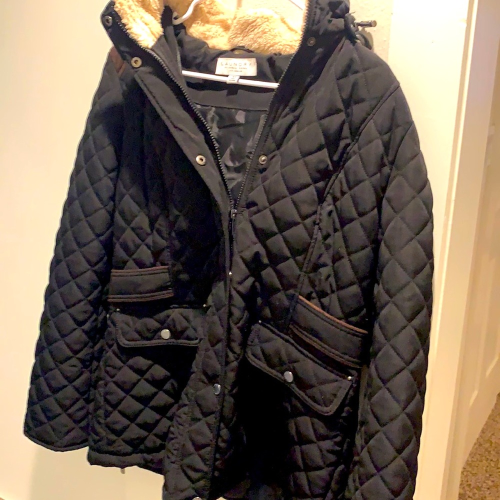 Black Coat with faux fur hood size L